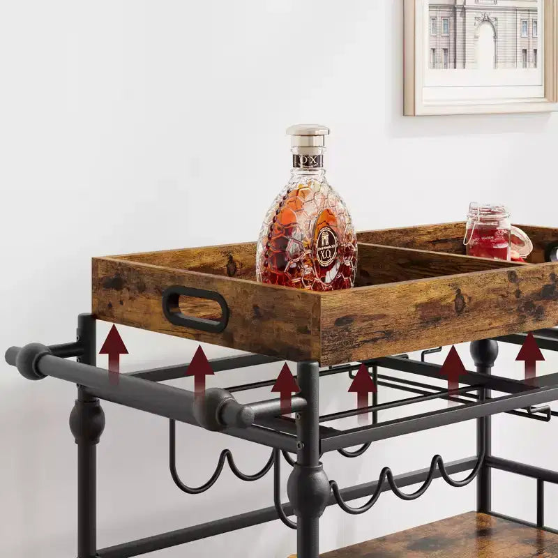 Chariot de bar, chariots de bar pour la maison, chariot de service à 3 niveaux avec roulettes, chariot en métal avec porte-bouteilles et plateau amovible pour cuisine, salle à manger