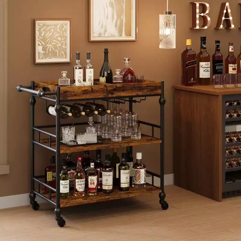 Chariot de bar, chariots de bar pour la maison, chariot de service à 3 niveaux avec roulettes, chariot en métal avec porte-bouteilles et plateau amovible pour cuisine, salle à manger