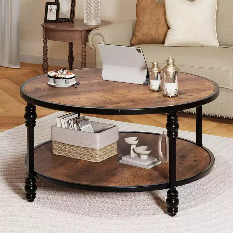 Garvee Table Basse Ronde Rustique avec Étagère de Rangement, Table Basse Circulaire en Bois avec Pieds en Métal Robustes pour Salon