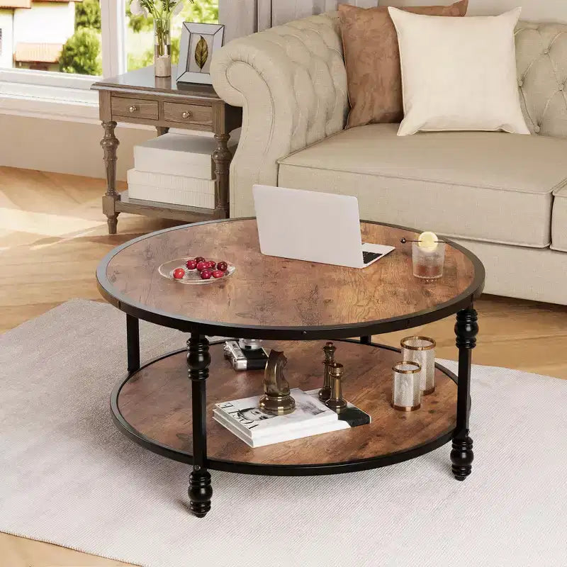 Garvee Table Basse Ronde Rustique avec Étagère de Rangement, Table Basse Circulaire en Bois avec Pieds en Métal Robustes pour Salon