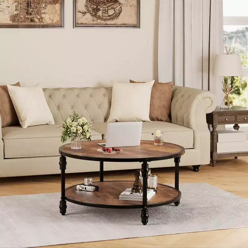 Garvee Table Basse Ronde Rustique avec Étagère de Rangement, Table Basse Circulaire en Bois avec Pieds en Métal Robustes pour Salon