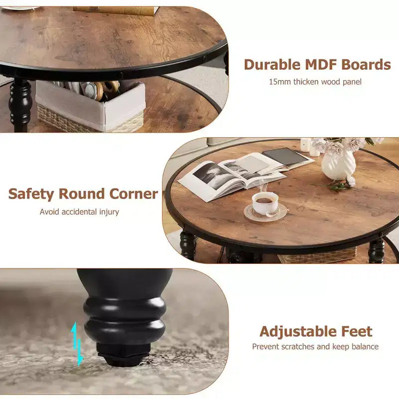 Garvee Table Basse Ronde Rustique avec Étagère de Rangement, Table Basse Circulaire en Bois avec Pieds en Métal Robustes pour Salon