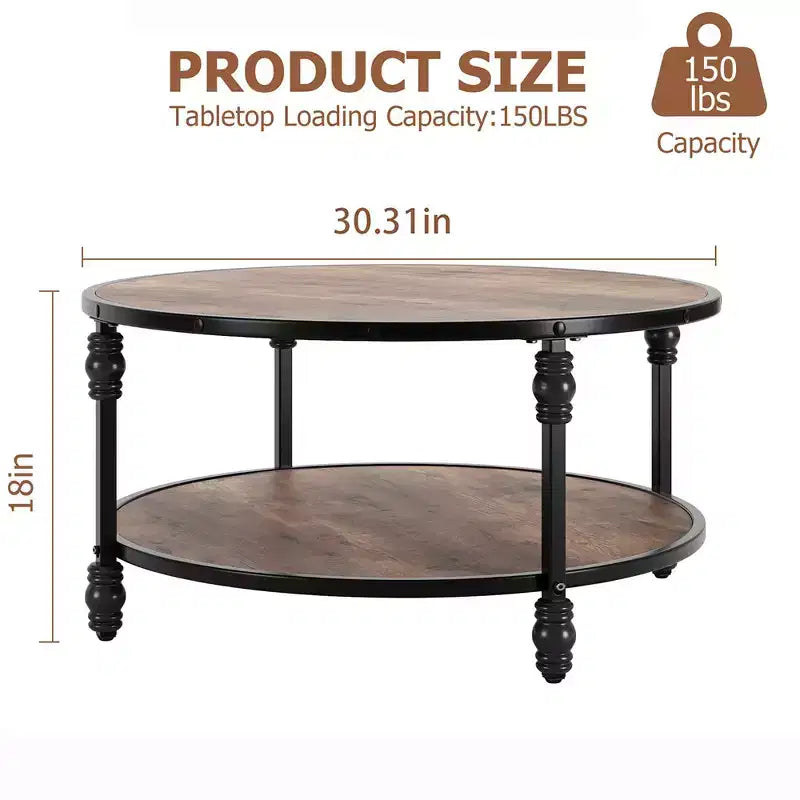 Garvee Table Basse Ronde Rustique avec Étagère de Rangement, Table Basse Circulaire en Bois avec Pieds en Métal Robustes pour Salon