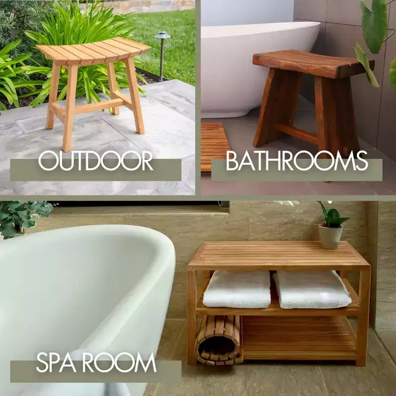 Banc de spa courbé Nordic Teak 30 naturel pour douche et bain avec étagère - Beige