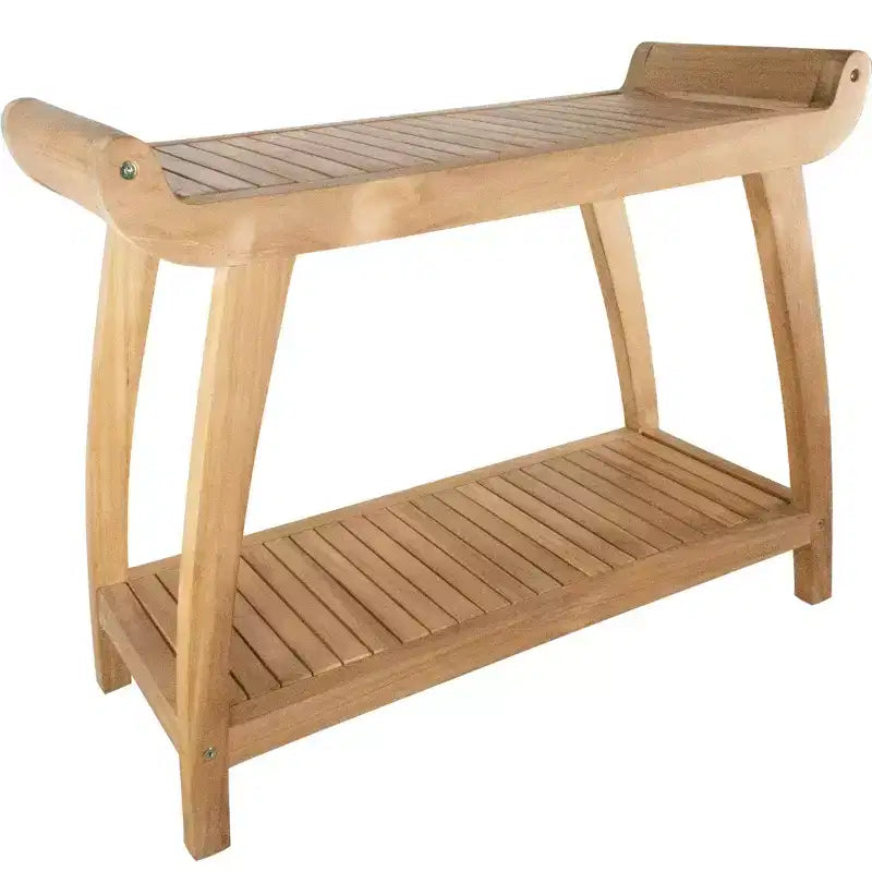 Banc de spa courbé Nordic Teak 30 naturel pour douche et bain avec étagère - Beige