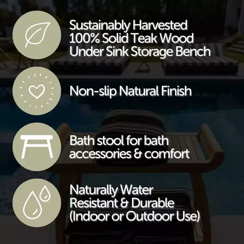 Banc de spa courbé Nordic Teak 30 naturel pour douche et bain avec étagère - Beige