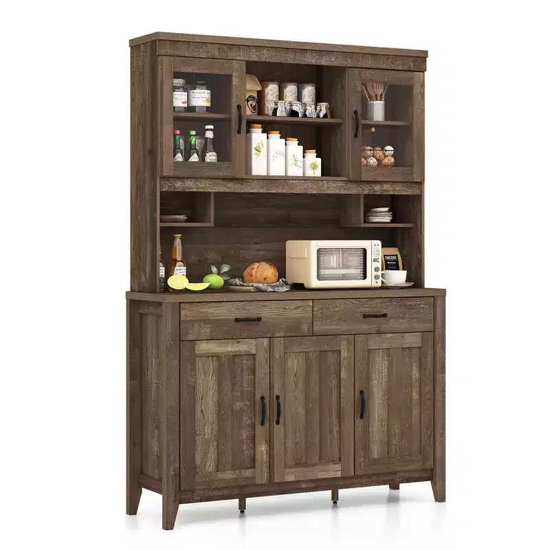 Meuble de rangement de cuisine Costway avec comptoir à micro-ondes, doubles portes vitrées, 2 tiroirs