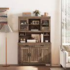 Meuble de rangement de cuisine Costway avec comptoir à micro-ondes, doubles portes vitrées, 2 tiroirs