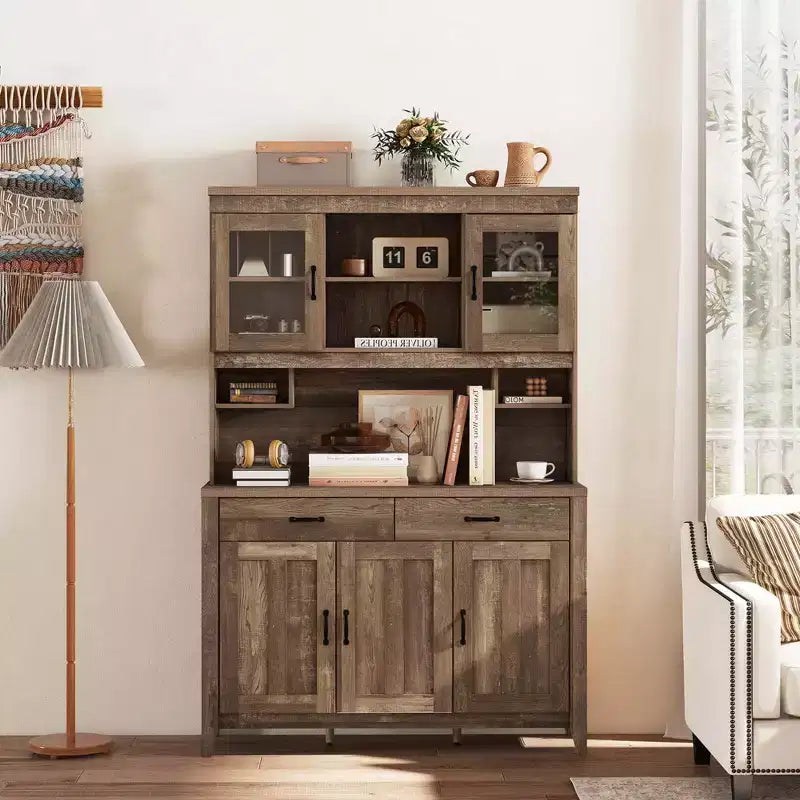 Meuble de rangement de cuisine Costway avec comptoir à micro-ondes, doubles portes vitrées, 2 tiroirs