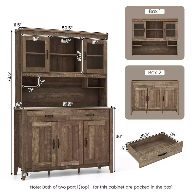 Meuble de rangement de cuisine Costway avec comptoir à micro-ondes, doubles portes vitrées, 2 tiroirs