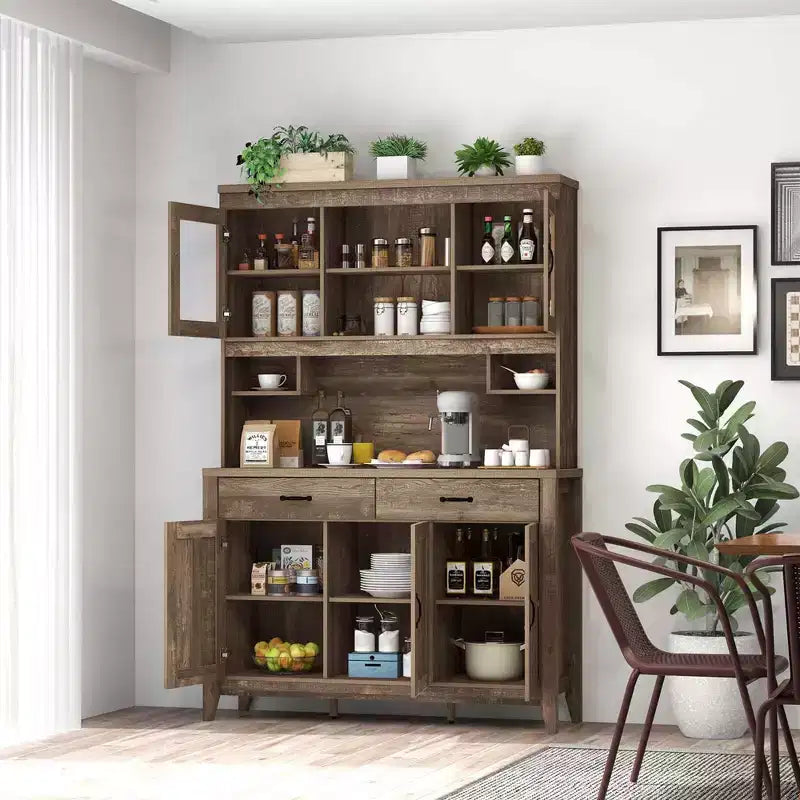 Meuble de rangement de cuisine Costway avec comptoir à micro-ondes, doubles portes vitrées, 2 tiroirs