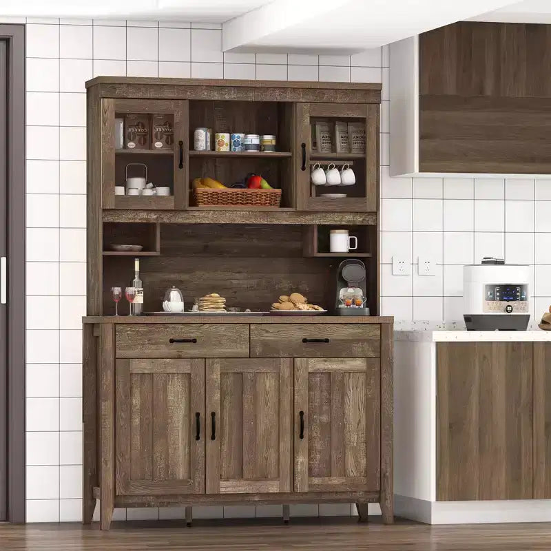 Meuble de rangement de cuisine Costway avec comptoir à micro-ondes, doubles portes vitrées, 2 tiroirs