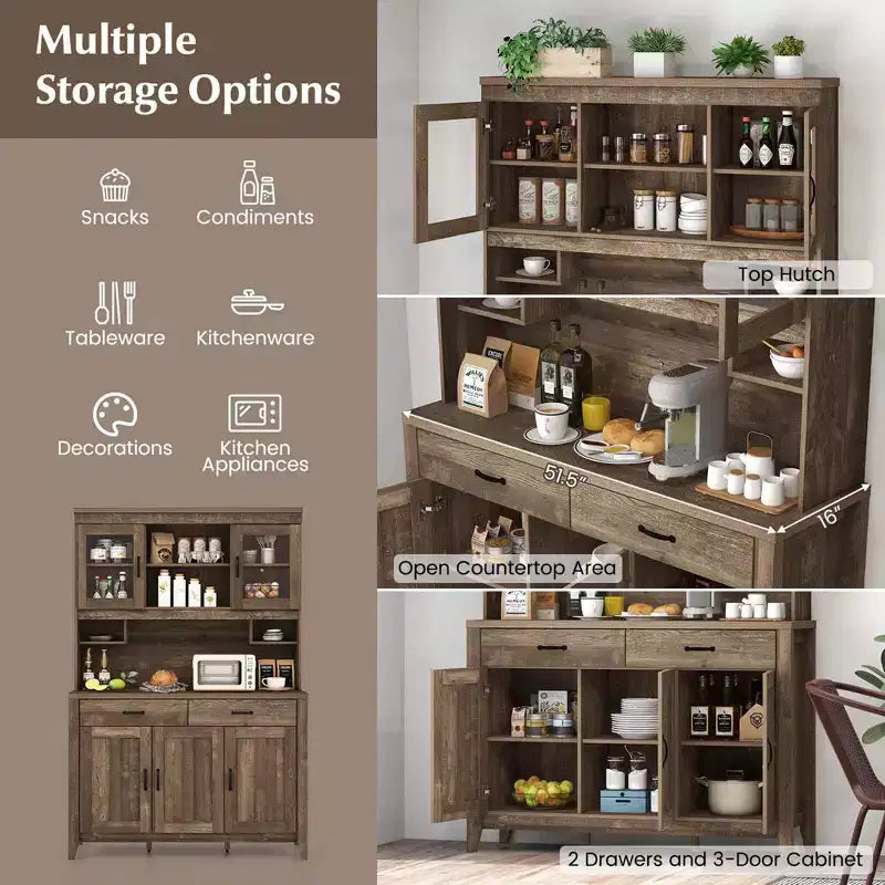 Meuble de rangement de cuisine Costway avec comptoir à micro-ondes, doubles portes vitrées, 2 tiroirs
