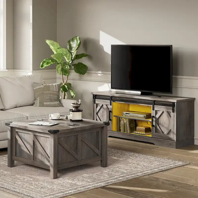 Meuble TV avec portes coulissantes façon porte de grange et table basse, lot de 2