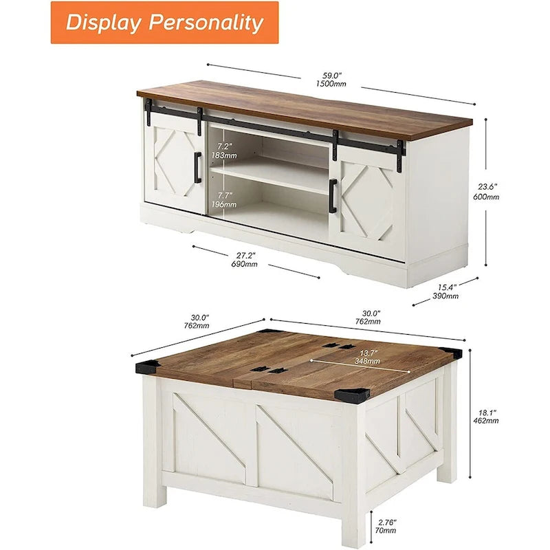 Meuble TV avec portes coulissantes façon porte de grange et table basse, lot de 2