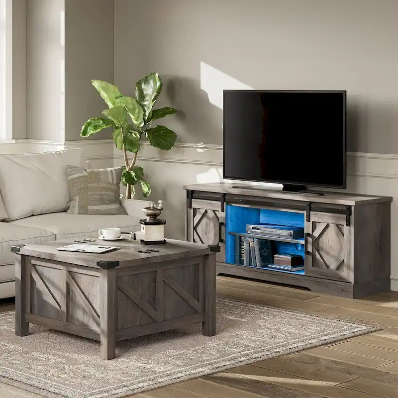 Meuble TV avec portes coulissantes façon porte de grange et table basse, lot de 2
