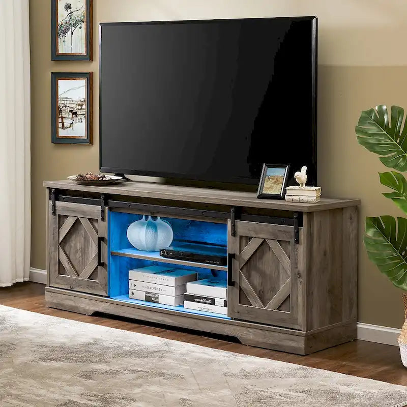 Meuble TV avec portes coulissantes façon porte de grange et table basse, lot de 2
