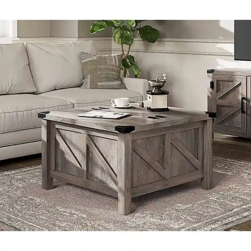 Meuble TV avec portes coulissantes façon porte de grange et table basse, lot de 2