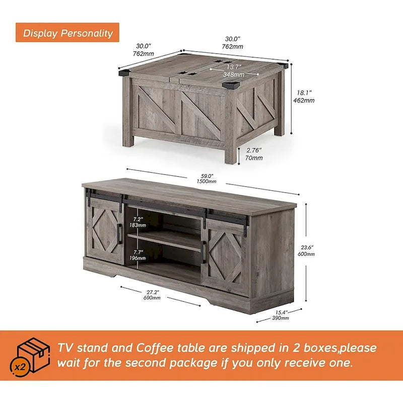 Meuble TV avec portes coulissantes façon porte de grange et table basse, lot de 2