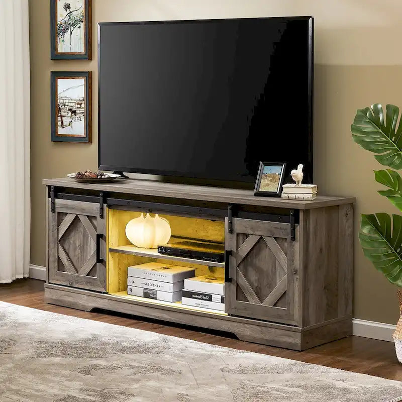 Meuble TV avec portes coulissantes façon porte de grange et table basse, lot de 2