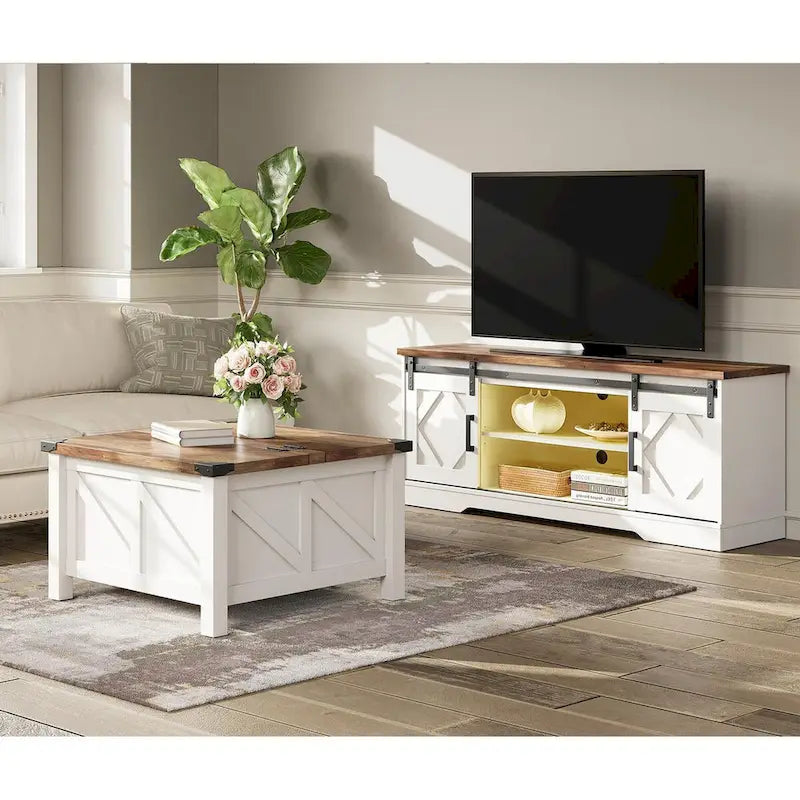 Meuble TV avec portes coulissantes façon porte de grange et table basse, lot de 2