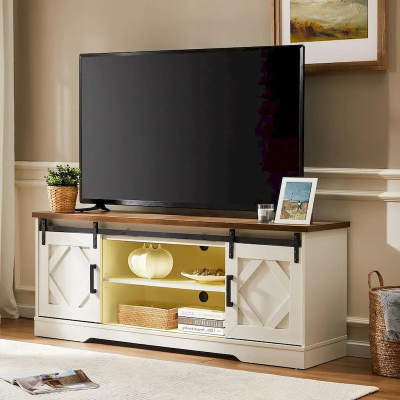 Meuble TV avec portes coulissantes façon porte de grange et table basse, lot de 2