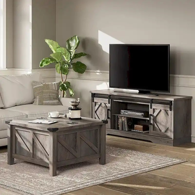 Meuble TV avec portes coulissantes façon porte de grange et table basse, lot de 2