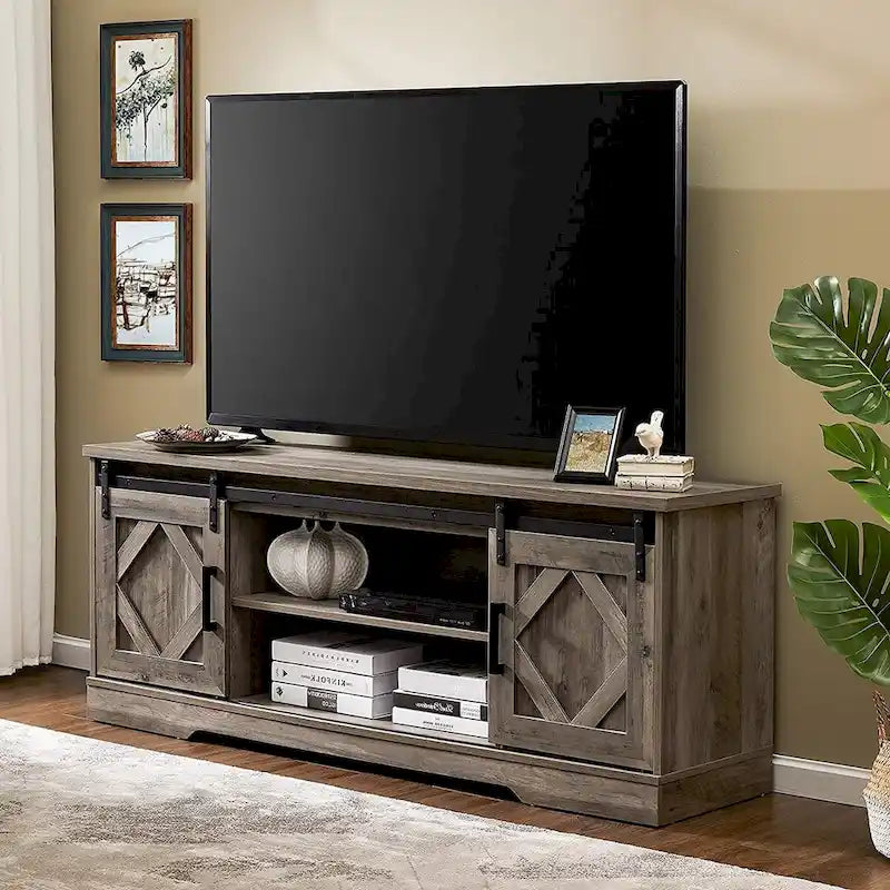Meuble TV avec portes coulissantes façon porte de grange et table basse, lot de 2