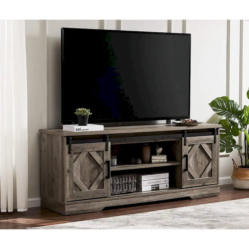 Meuble TV avec portes coulissantes façon porte de grange et table basse, lot de 2