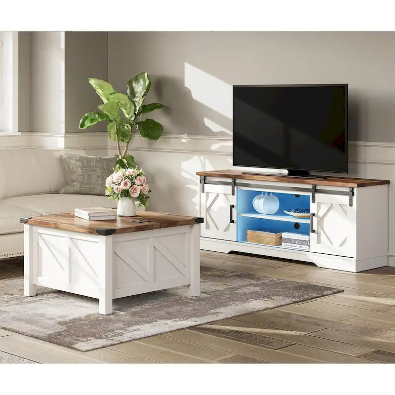 Meuble TV avec portes coulissantes façon porte de grange et table basse, lot de 2
