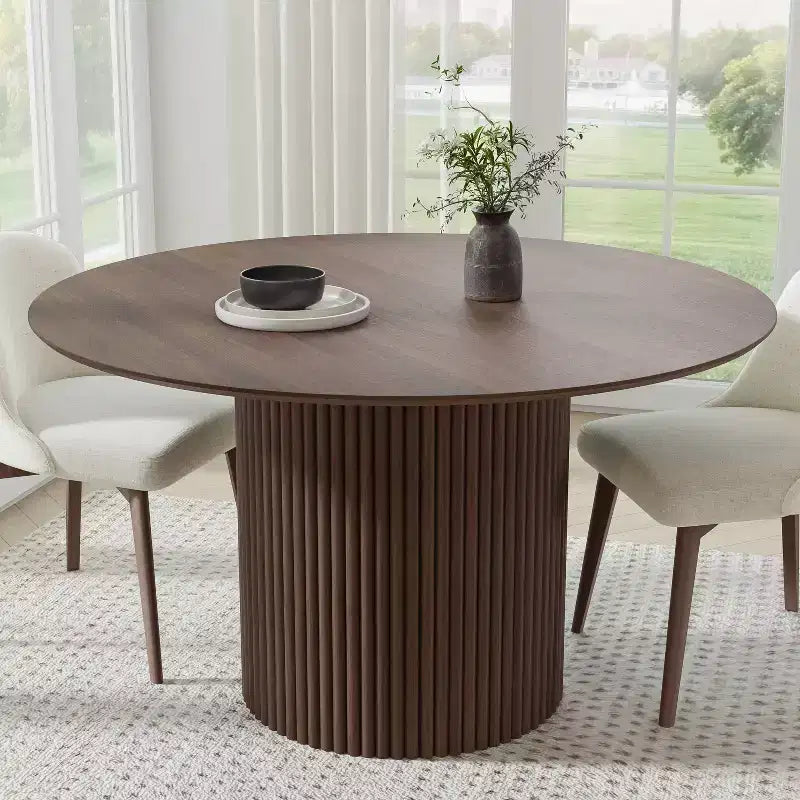 Dovelina Table de salle à manger ronde du milieu du siècle, table de cuisine en bois pour 4 personnes - Noyer