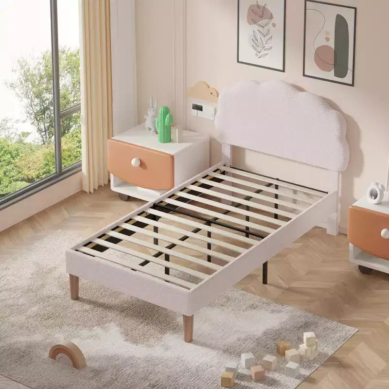 Cadre de lit en bois pour enfants en forme de nuage VECELO, lit plateforme rembourré avec tête de lit réglable, pas besoin de sommier tapissier