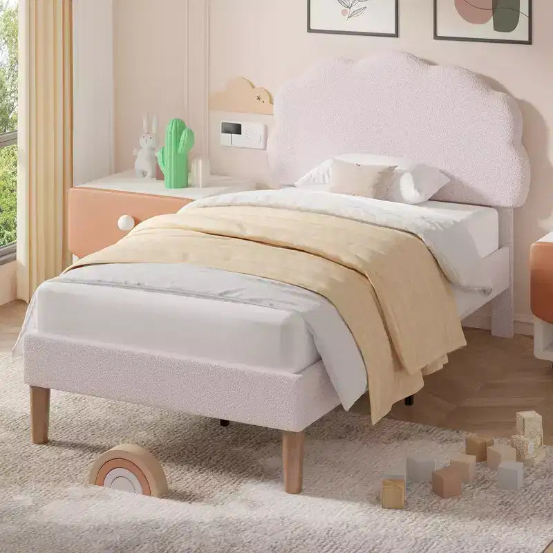 Cadre de lit en bois pour enfants en forme de nuage VECELO, lit plateforme rembourré avec tête de lit réglable, pas besoin de sommier tapissier