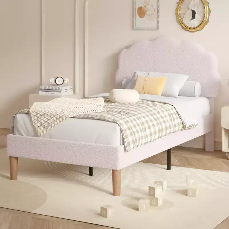 Cadre de lit en bois pour enfants en forme de nuage VECELO, lit plateforme rembourré avec tête de lit réglable, pas besoin de sommier tapissier