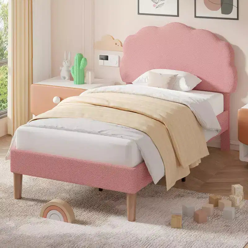 Cadre de lit en bois pour enfants en forme de nuage VECELO, lit plateforme rembourré avec tête de lit réglable, pas besoin de sommier tapissier