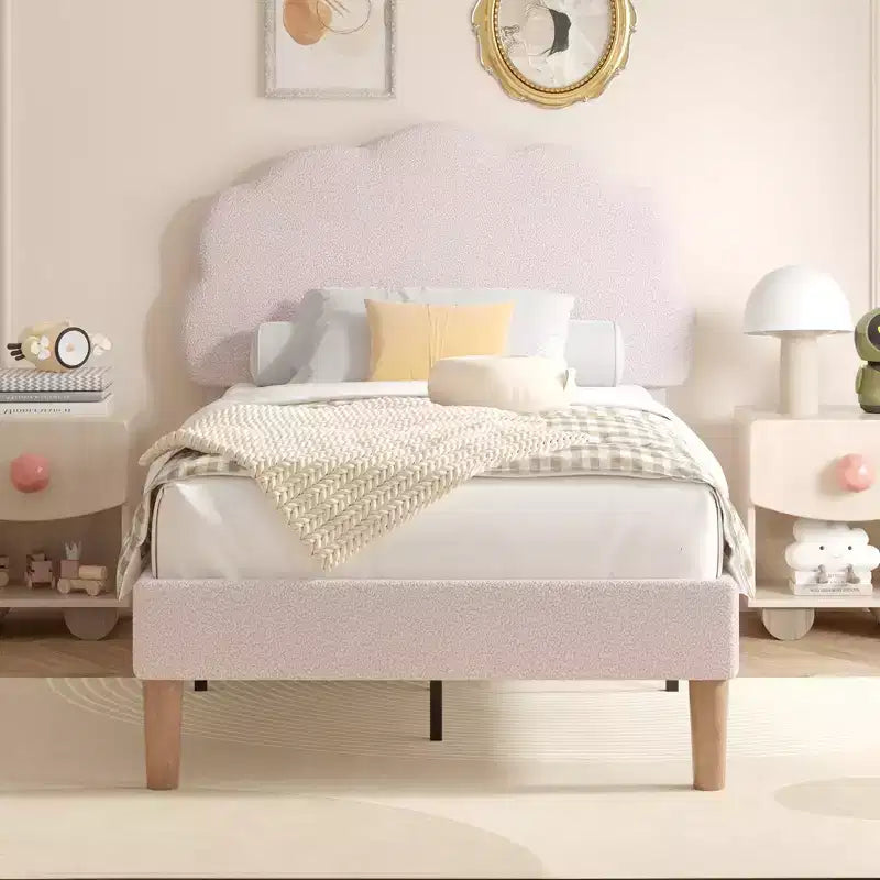 Cadre de lit en bois pour enfants en forme de nuage VECELO, lit plateforme rembourré avec tête de lit réglable, pas besoin de sommier tapissier