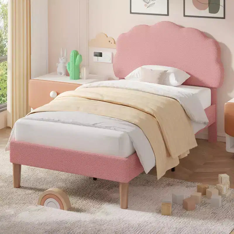 Cadre de lit en bois pour enfants en forme de nuage VECELO, lit plateforme rembourré avec tête de lit réglable, pas besoin de sommier tapissier