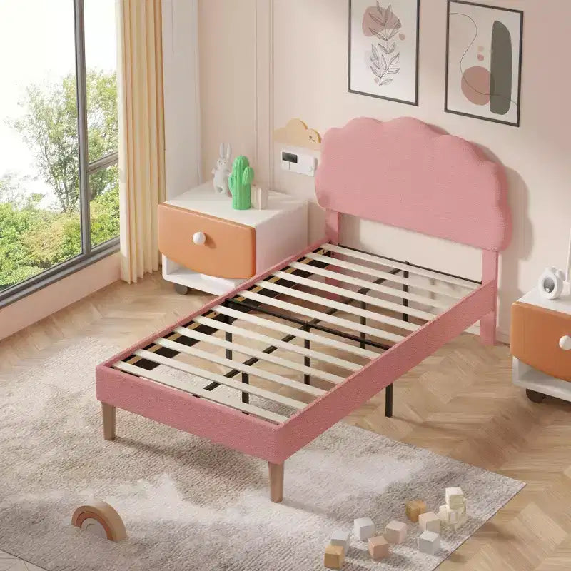 Cadre de lit en bois pour enfants en forme de nuage VECELO, lit plateforme rembourré avec tête de lit réglable, pas besoin de sommier tapissier
