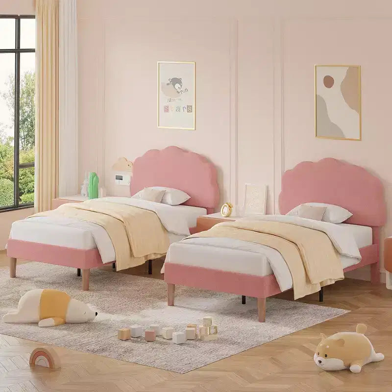 Cadre de lit en bois pour enfants en forme de nuage VECELO, lit plateforme rembourré avec tête de lit réglable, pas besoin de sommier tapissier