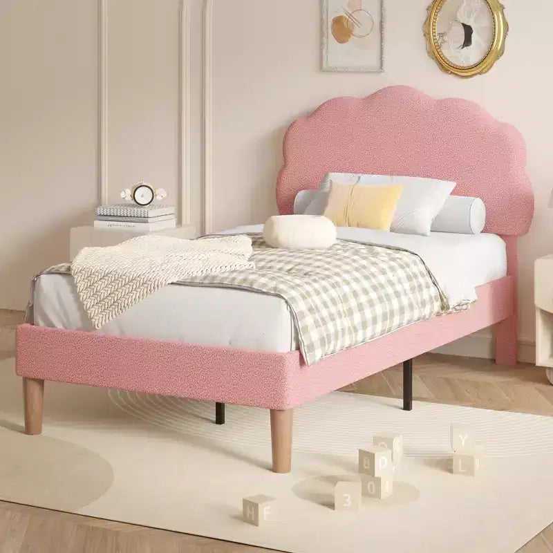 Cadre de lit en bois pour enfants en forme de nuage VECELO, lit plateforme rembourré avec tête de lit réglable, pas besoin de sommier tapissier