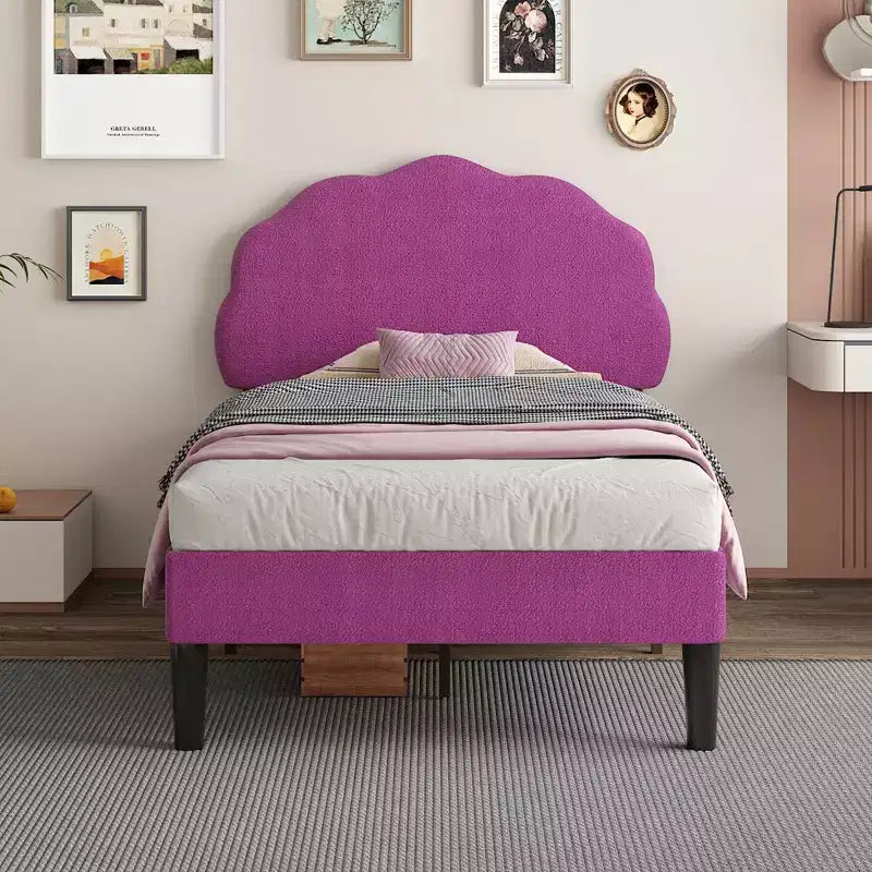 Cadre de lit en bois pour enfants en forme de nuage VECELO, lit plateforme rembourré avec tête de lit réglable, pas besoin de sommier tapissier