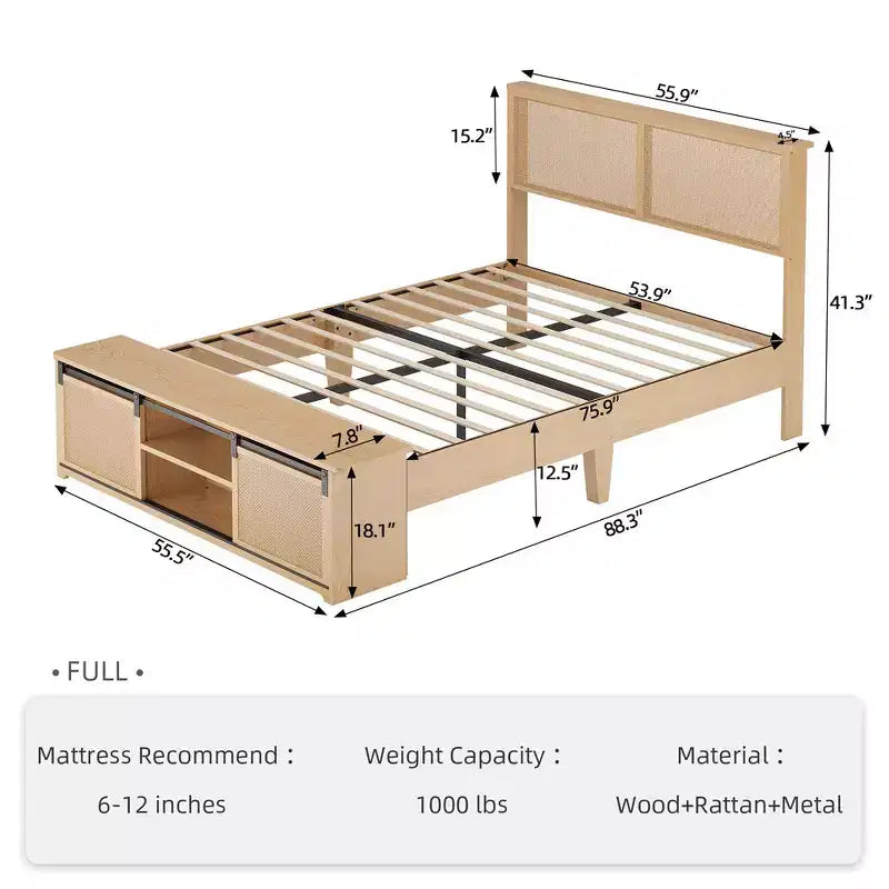 Cadre de lit en rotin naturel Whizmax avec armoires de rangement coulissantes de style porte de grange et tête de lit lumineuse à LED, lit plateforme en bois de style bohème/ferme