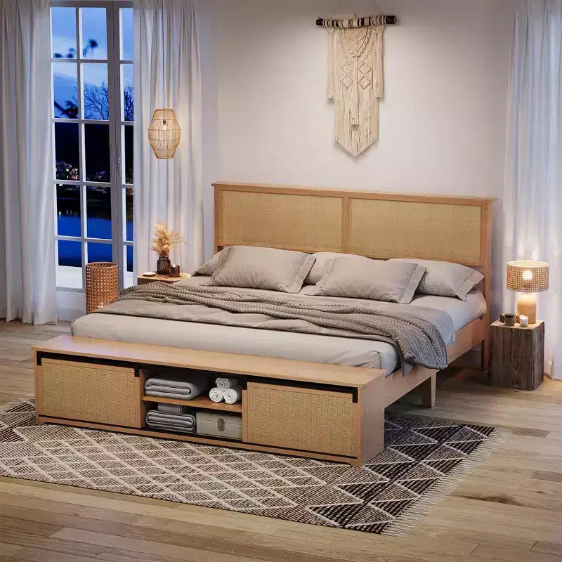 Cadre de lit en rotin naturel Whizmax avec armoires de rangement coulissantes de style porte de grange et tête de lit lumineuse à LED, lit plateforme en bois de style bohème/ferme