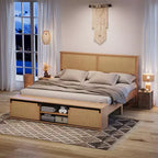 Cadre de lit en rotin naturel Whizmax avec armoires de rangement coulissantes de style porte de grange et tête de lit lumineuse à LED, lit plateforme en bois de style bohème/ferme