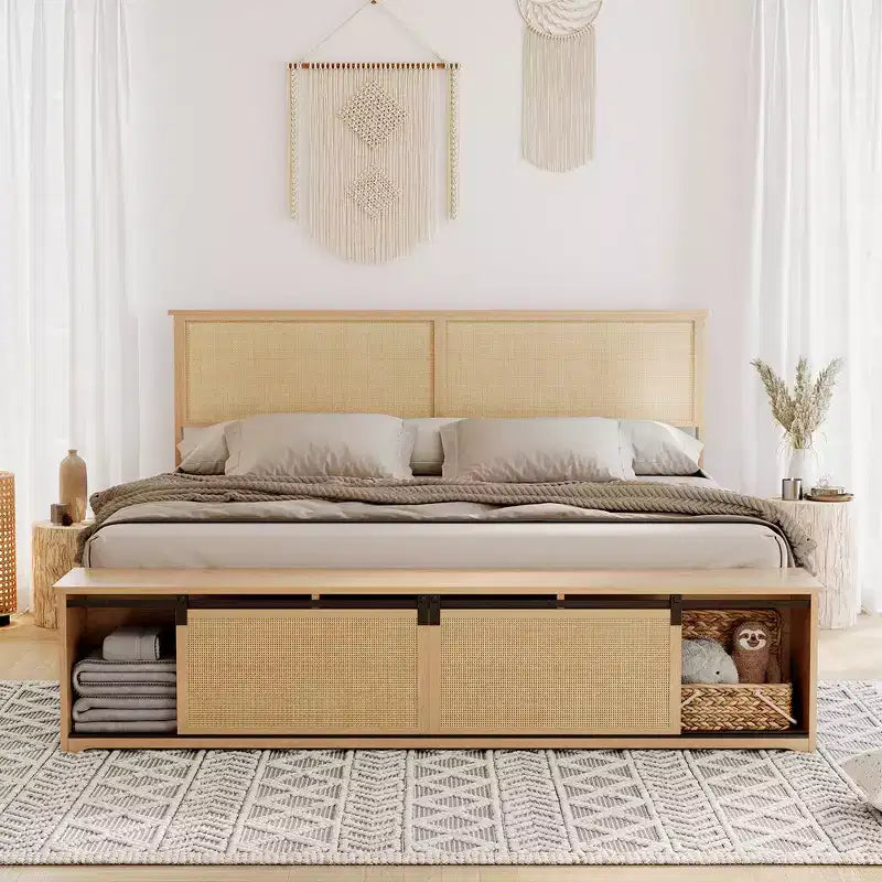 Cadre de lit en rotin naturel Whizmax avec armoires de rangement coulissantes de style porte de grange et tête de lit lumineuse à LED, lit plateforme en bois de style bohème/ferme