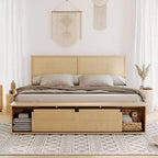 Cadre de lit en rotin naturel Whizmax avec armoires de rangement coulissantes de style porte de grange et tête de lit lumineuse à LED, lit plateforme en bois de style bohème/ferme