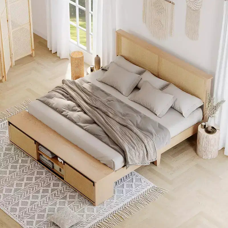 Cadre de lit en rotin naturel Whizmax avec armoires de rangement coulissantes de style porte de grange et tête de lit lumineuse à LED, lit plateforme en bois de style bohème/ferme