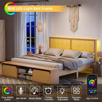 Cadre de lit en rotin naturel Whizmax avec armoires de rangement coulissantes de style porte de grange et tête de lit lumineuse à LED, lit plateforme en bois de style bohème/ferme