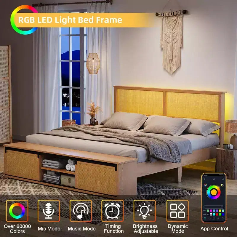 Cadre de lit en rotin naturel Whizmax avec armoires de rangement coulissantes de style porte de grange et tête de lit lumineuse à LED, lit plateforme en bois de style bohème/ferme
