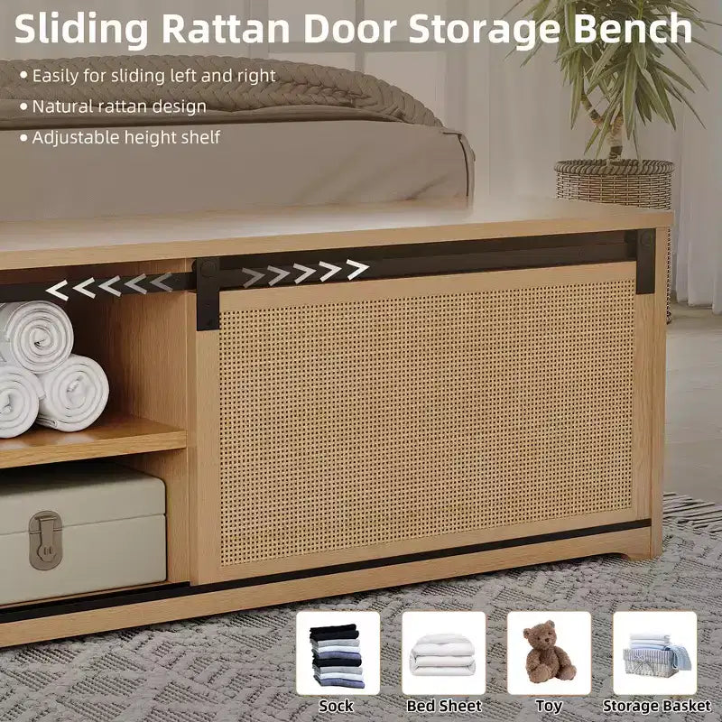 Cadre de lit en rotin naturel Whizmax avec armoires de rangement coulissantes de style porte de grange et tête de lit lumineuse à LED, lit plateforme en bois de style bohème/ferme